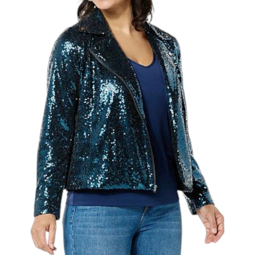 Colleen Lopez Women's Luxe Sequin Moto Zip Jacket Plus Size 1X Teal Blue NWT